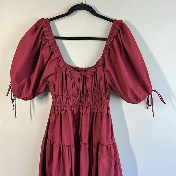 En Saison Maroon Puff Sleeve Tiered Cotton Midi Dress M Cottagecore Milkmaid - Picture 7 of 16